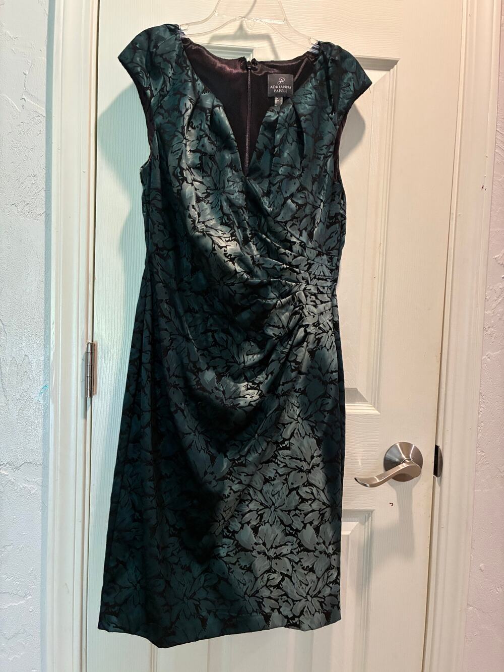 Adrianna Papell Green Black Floral Jacquard Ruched Cowl Sheath Dress